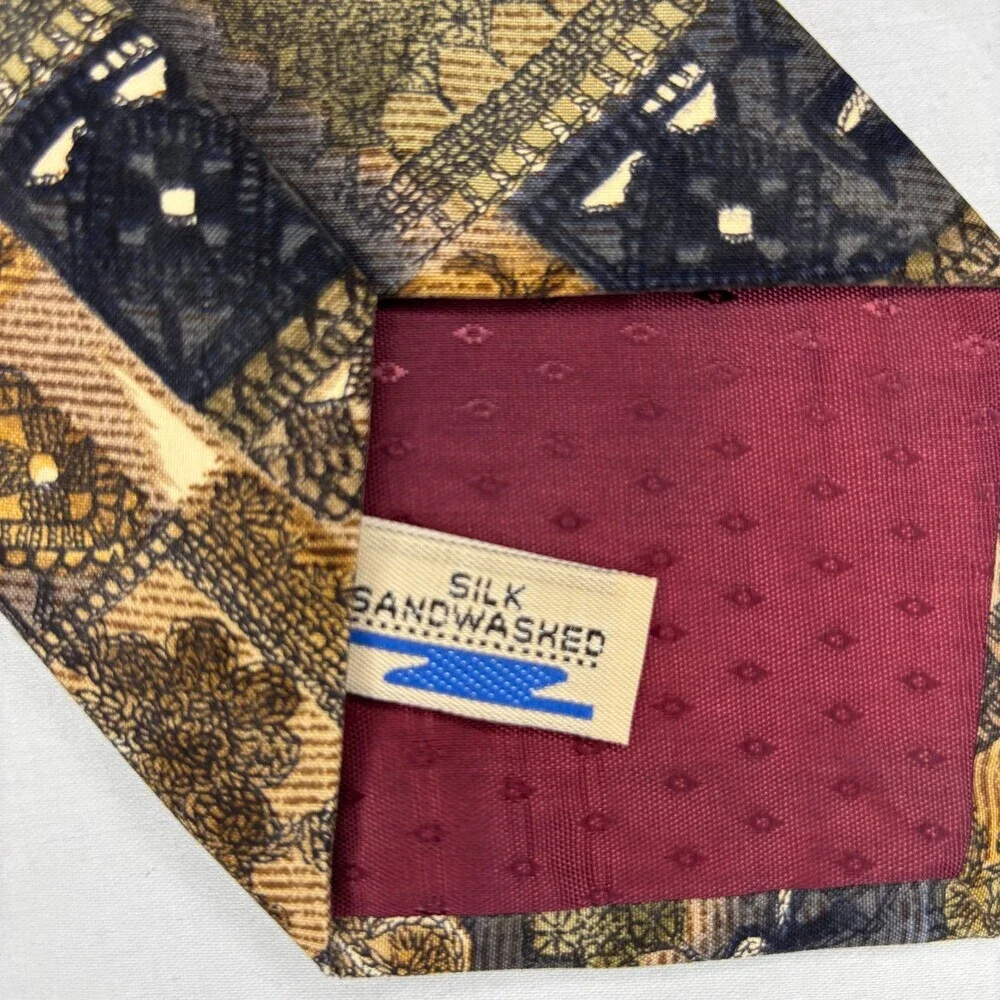 JEREMY BOSTON Company 100% Silk Sandwasher Mens Necktie Tan Blue Classic